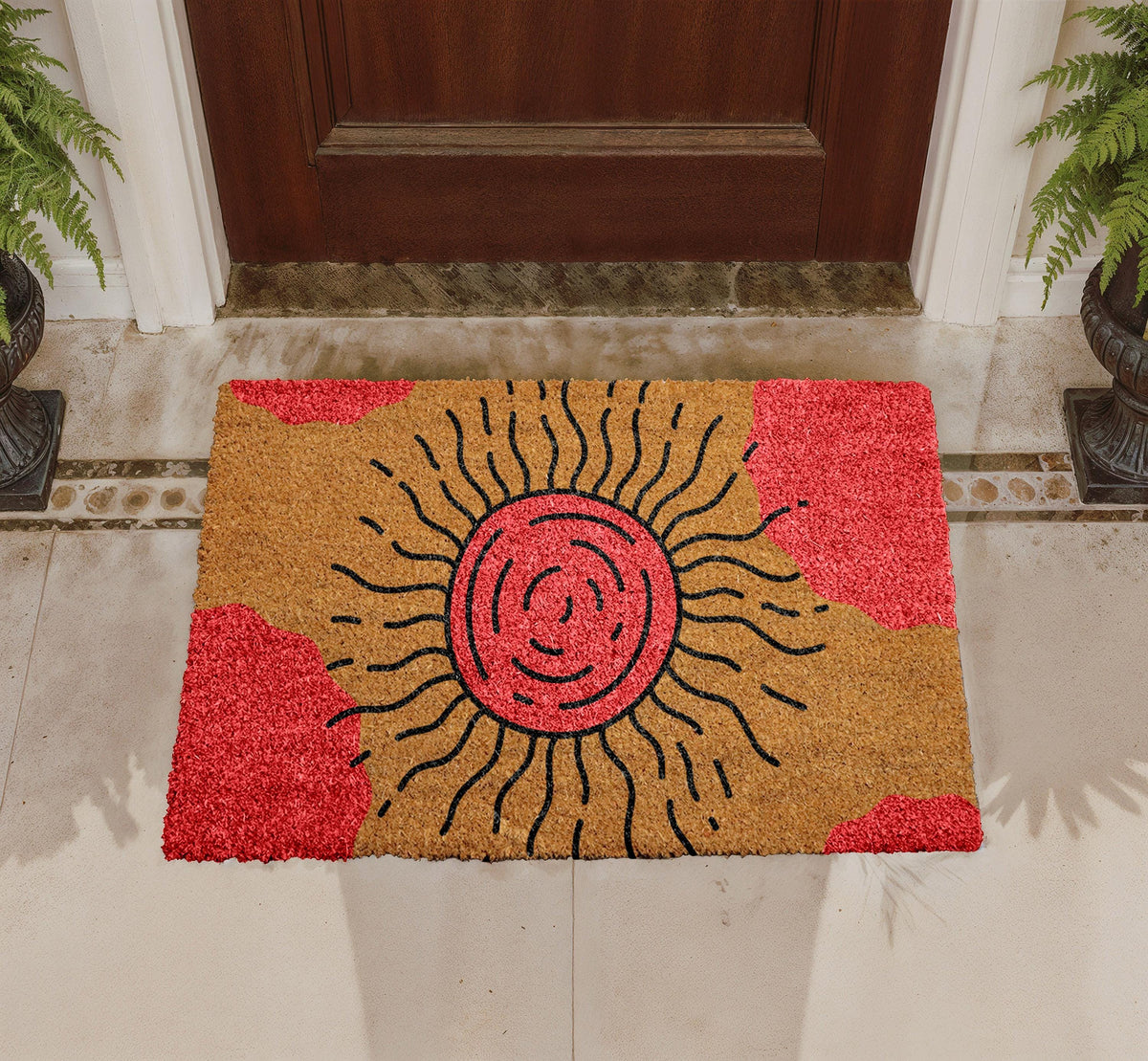Abstract Sunburst Coir Doormat, Boho Retro Entryway Rug, Outdoor Porch Decor