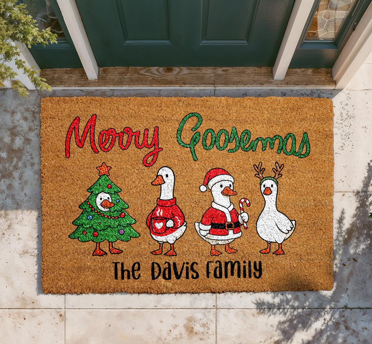 Personalized Merry Goosemas Coir Doormat, Custom Family Christmas Welcome Mat