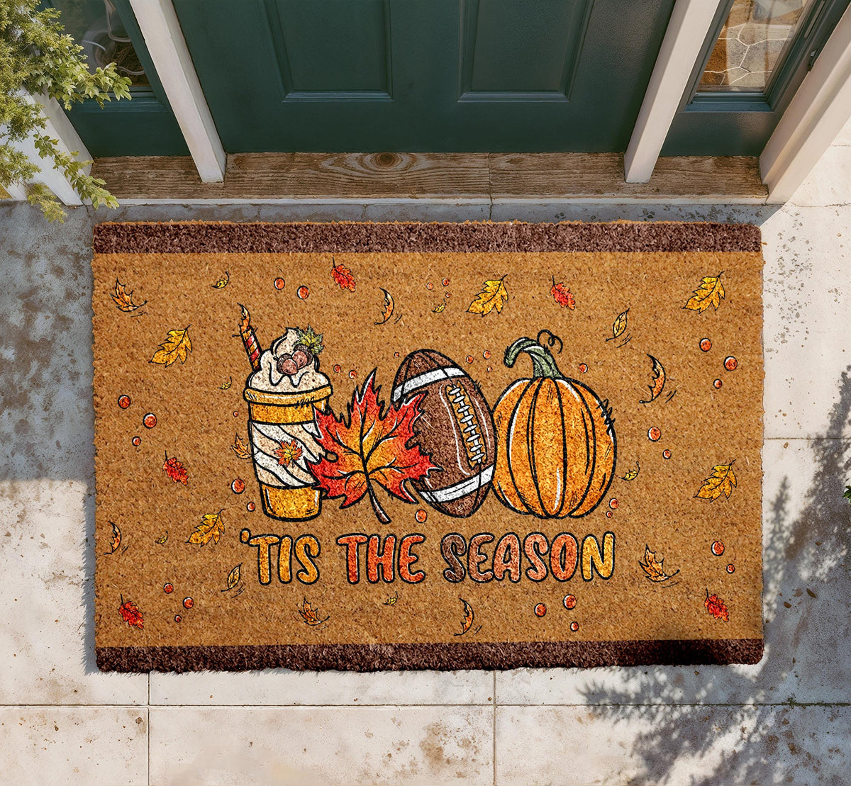 Fall Welcome Mat, Autumn Coffee Football Pumpkin Doormat, Cozy Outdoor Rug