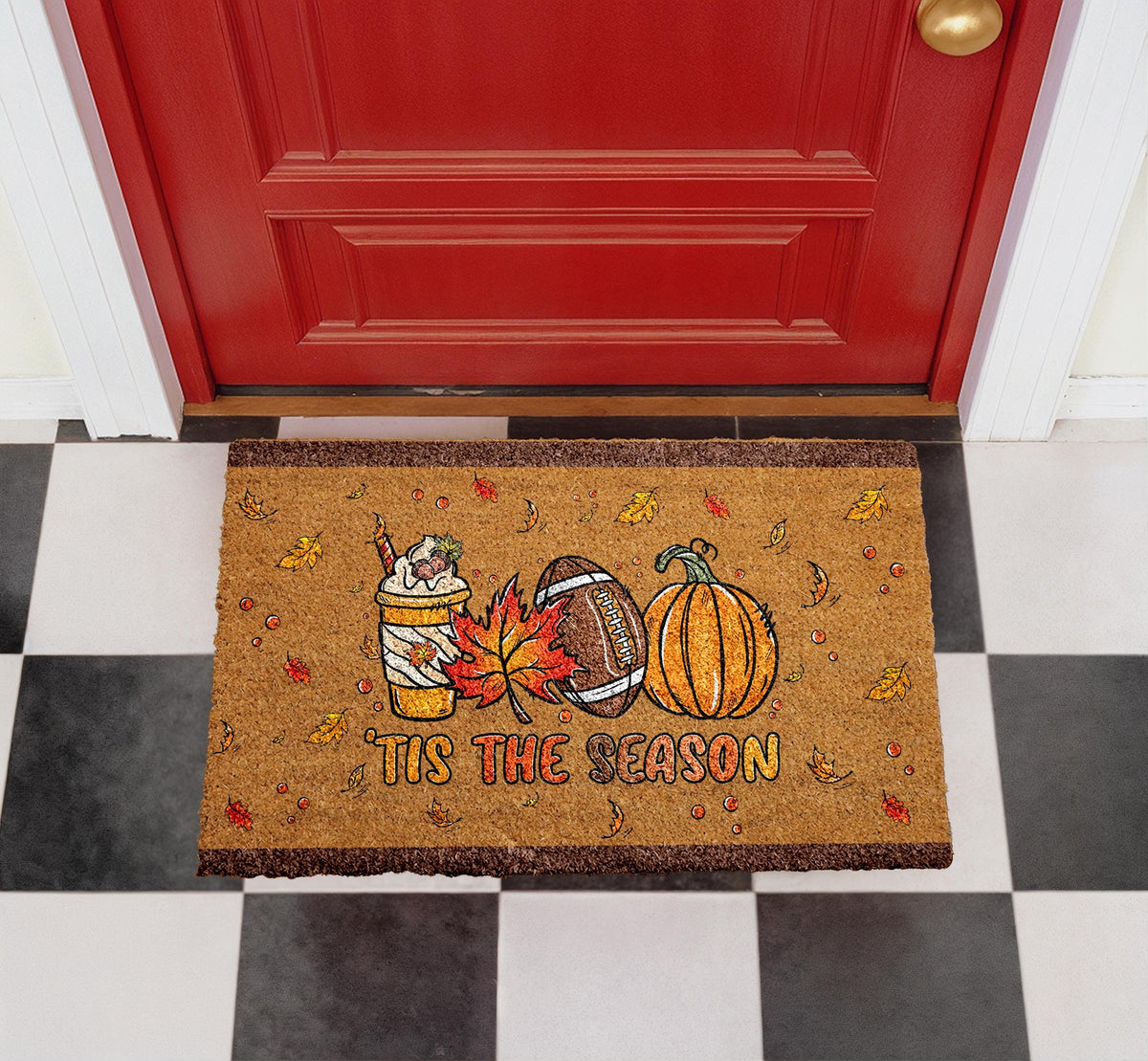 Fall Welcome Mat, Autumn Coffee Football Pumpkin Doormat, Cozy Outdoor Rug