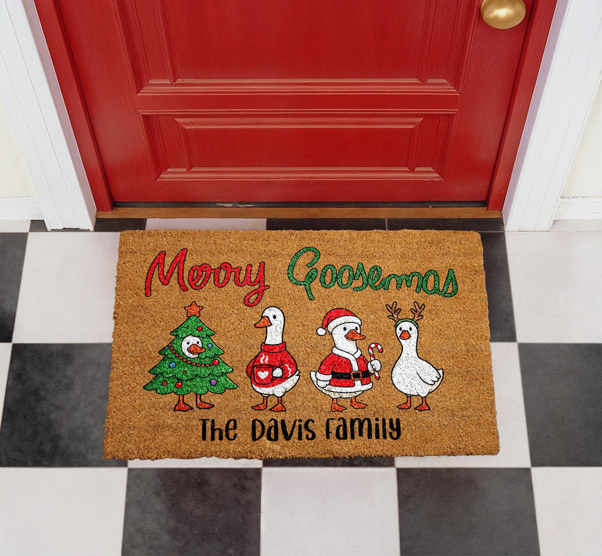 Personalized Merry Goosemas Coir Doormat, Custom Family Christmas Welcome Mat