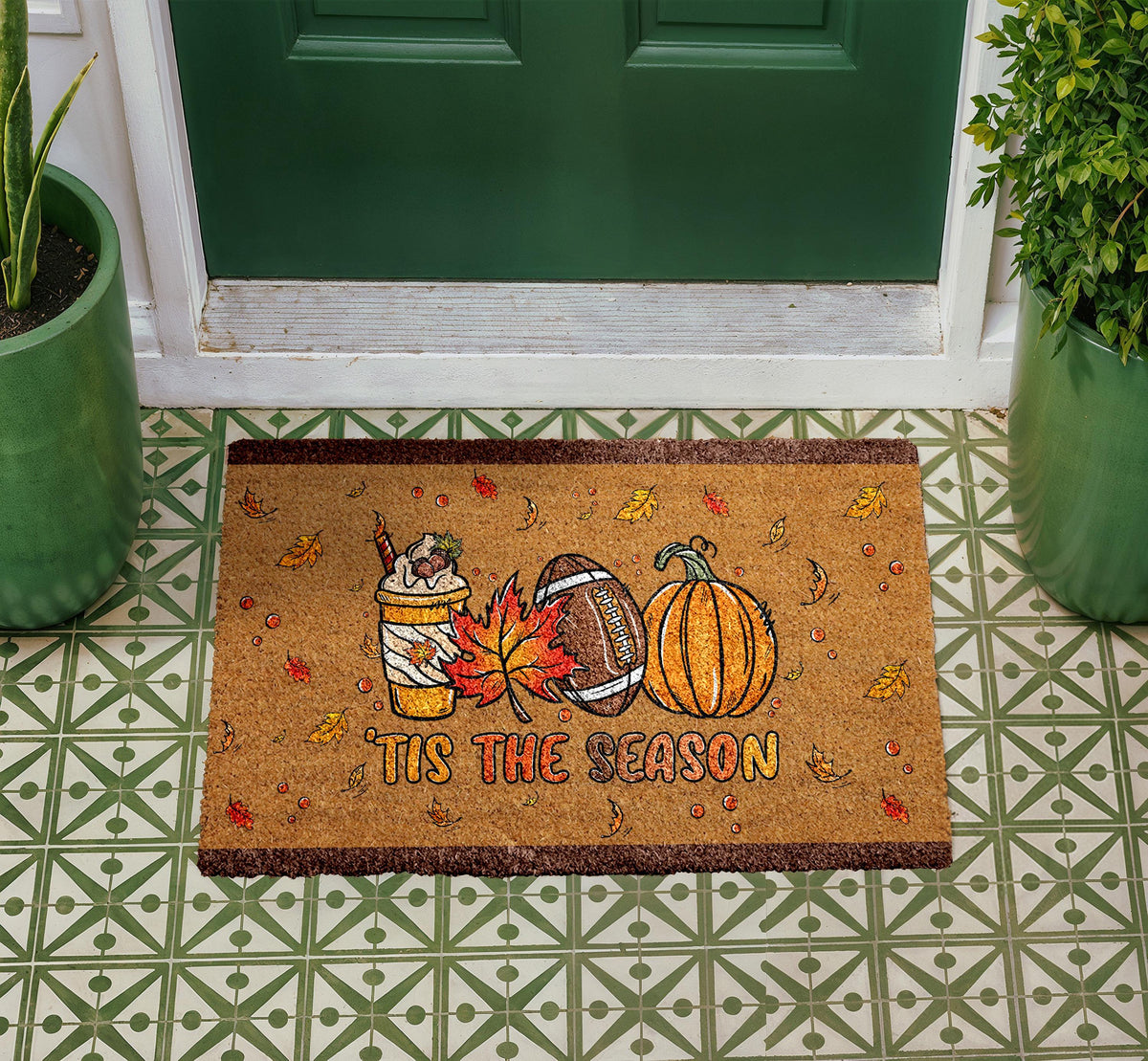 Fall Welcome Mat, Autumn Coffee Football Pumpkin Doormat, Cozy Outdoor Rug