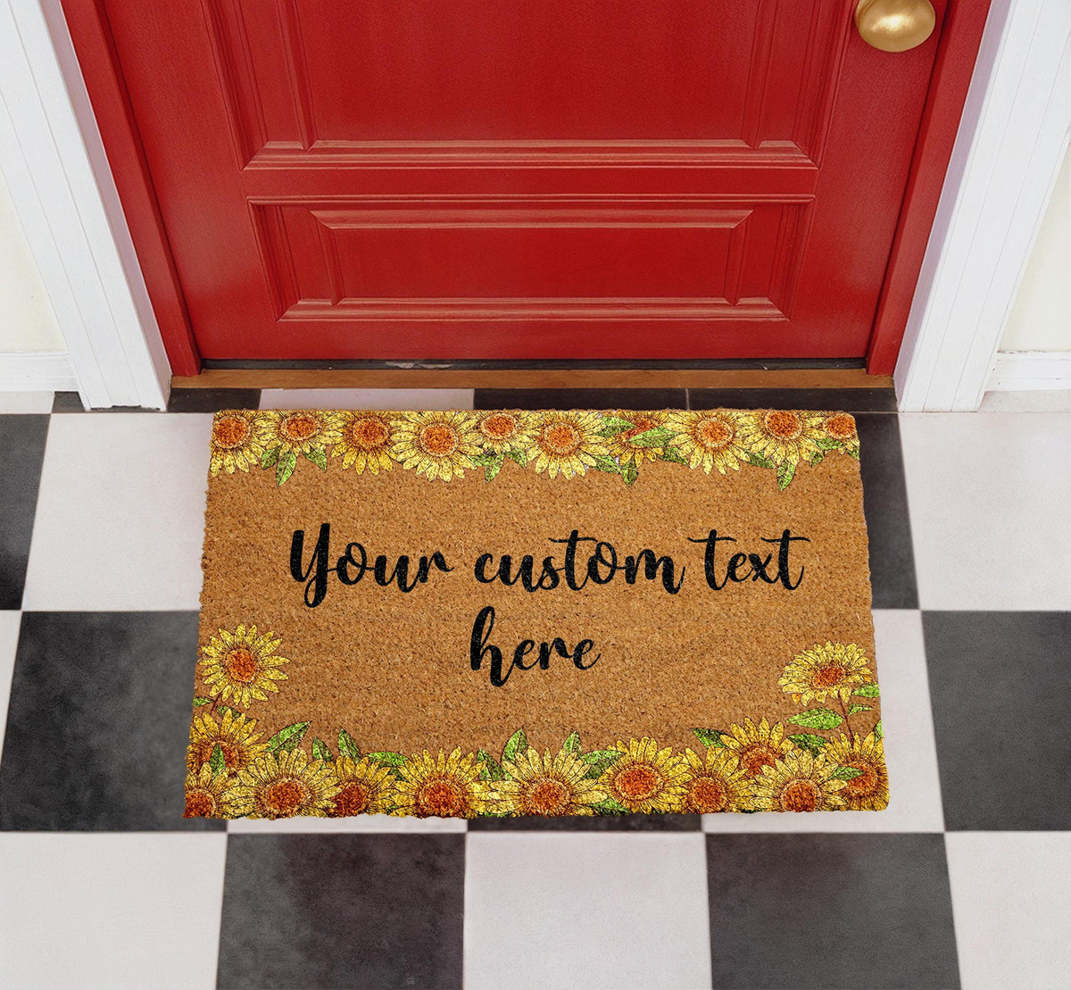 Personalized Sunflower Coir Doormat, Custom Welcome Mat, Rustic Farmhouse Entryway Rug