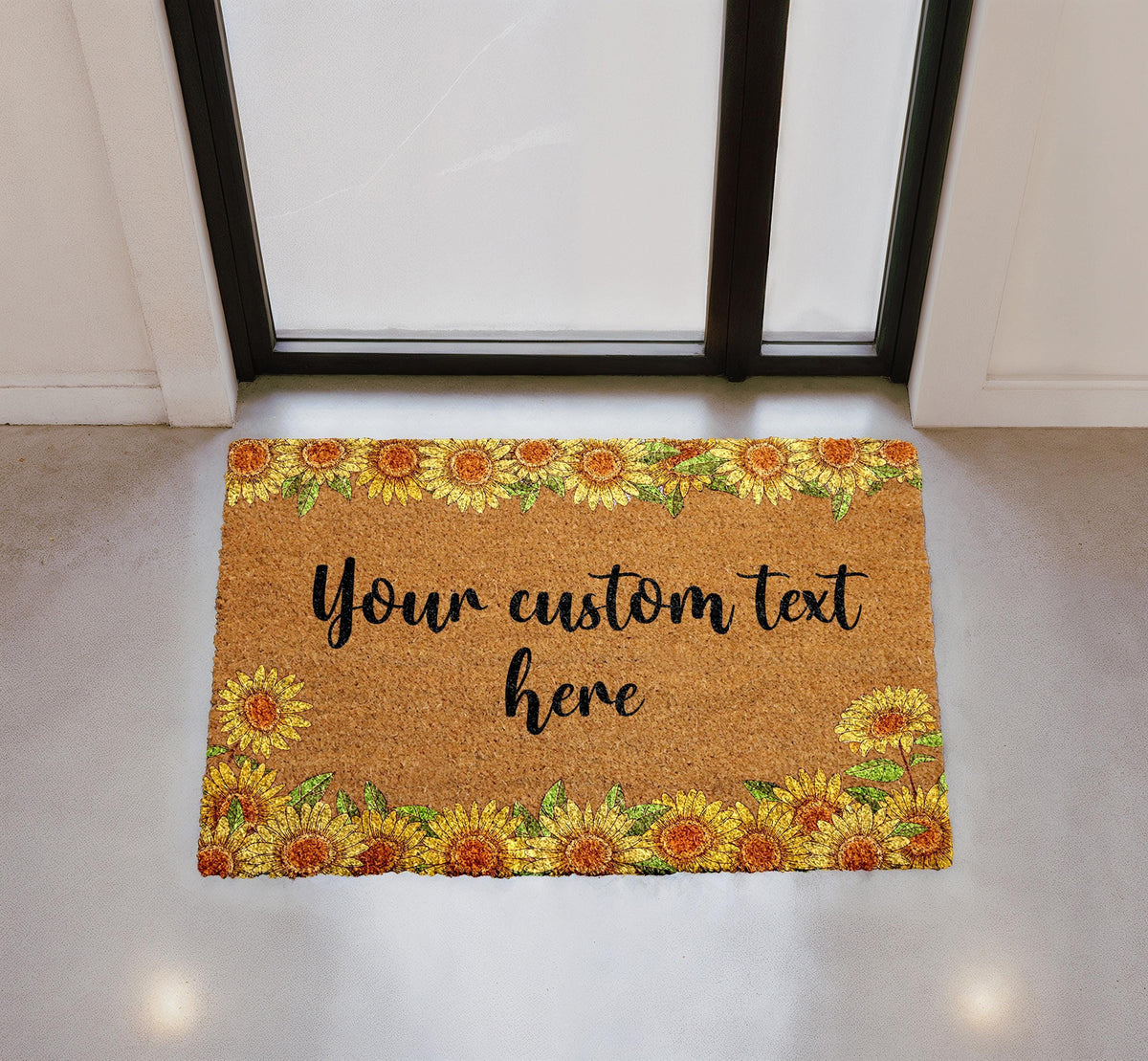 Personalized Sunflower Coir Doormat, Custom Welcome Mat, Rustic Farmhouse Entryway Rug