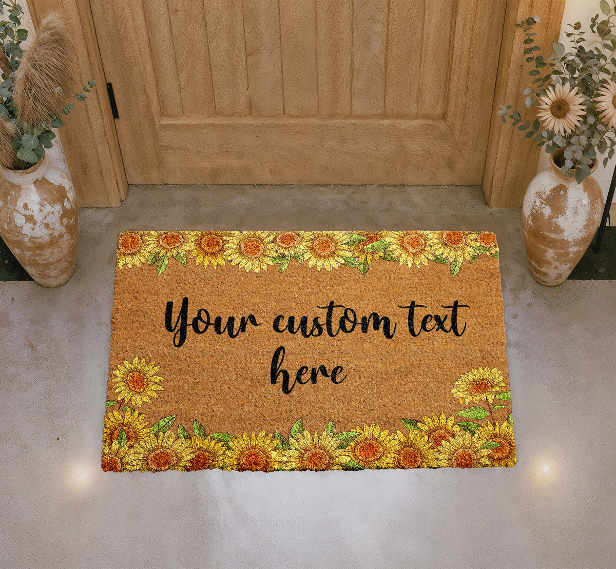Personalized Sunflower Coir Doormat, Custom Welcome Mat, Rustic Farmhouse Entryway Rug
