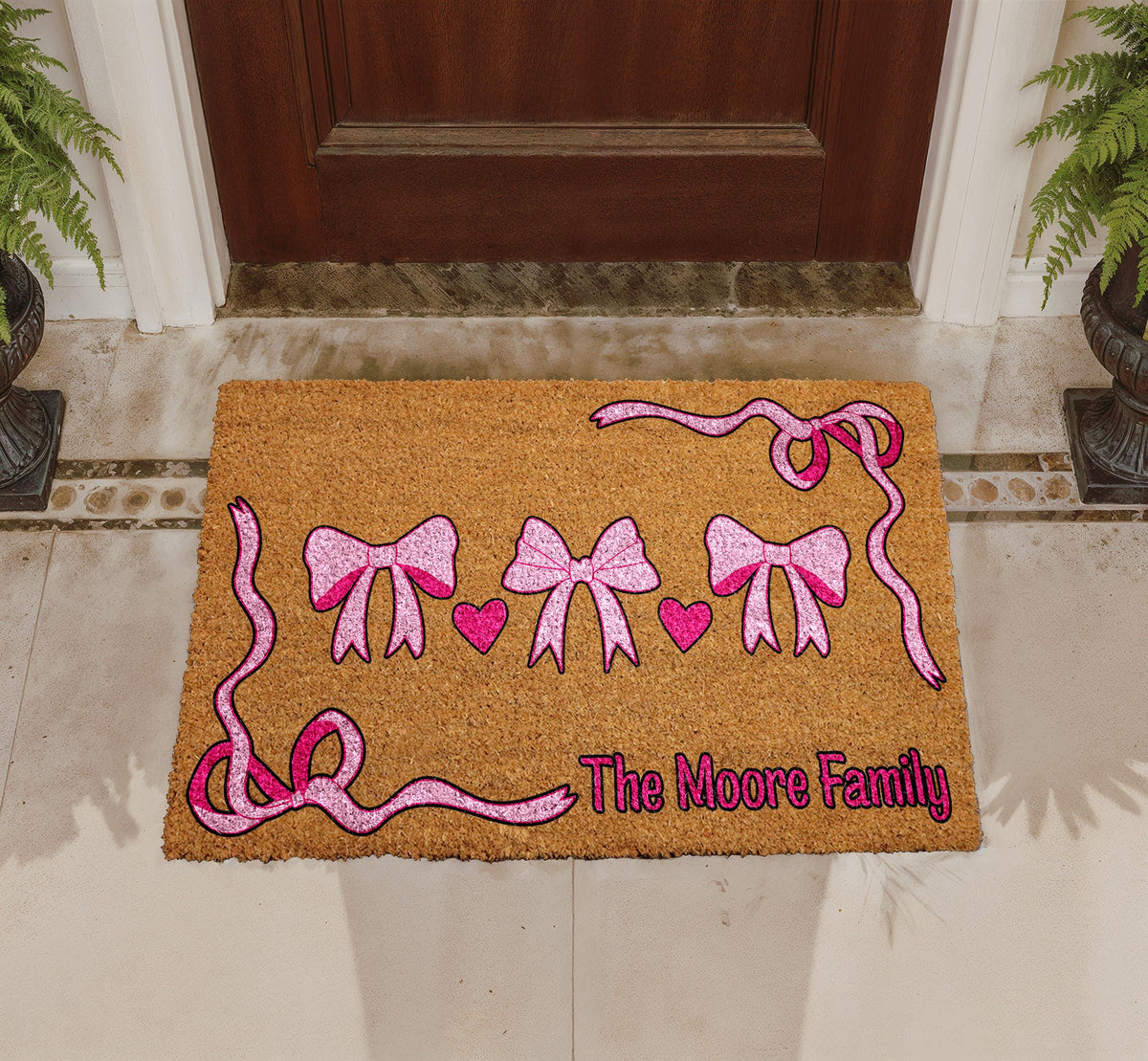 Personalized Pink Bow Family Coir Doormat