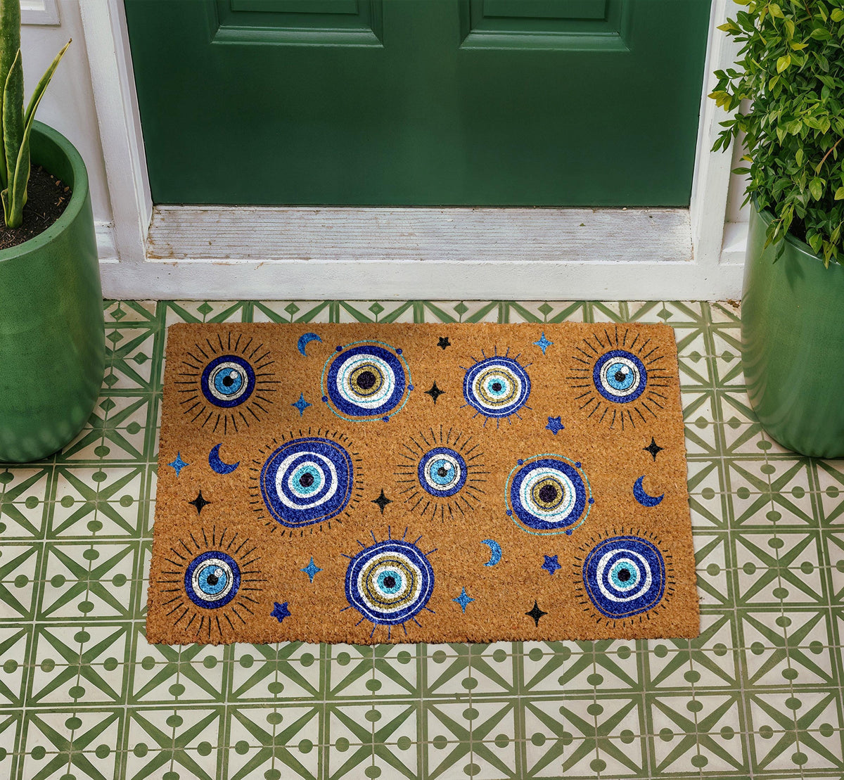 Celestial Evil Eye Doormat, Mystical Moon Stars Coir Rug, Spiritual Entryway Decor