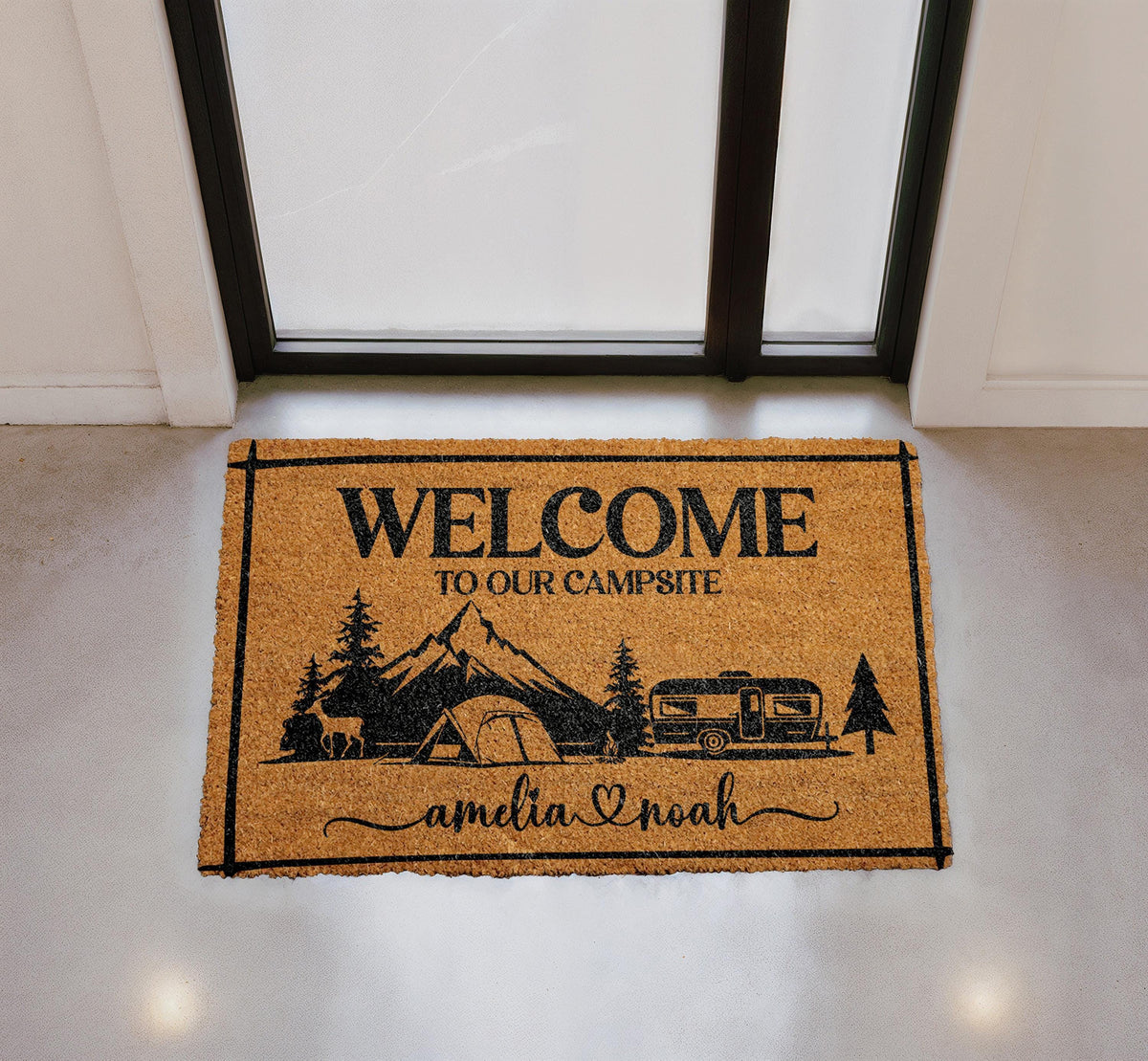 Personalized Campsite Welcome Mat, Custom Couples Names Doormat, RV Camper Outdoor Rug
