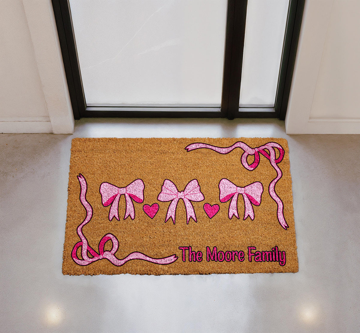 Personalized Pink Bow Family Coir Doormat