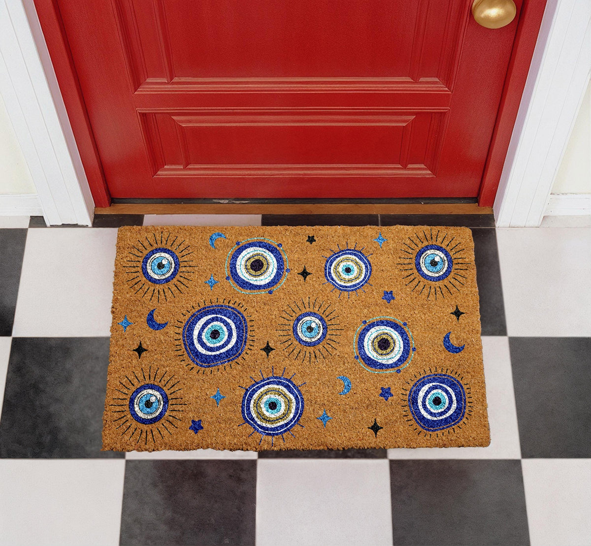 Celestial Evil Eye Doormat, Mystical Moon Stars Coir Rug, Spiritual Entryway Decor