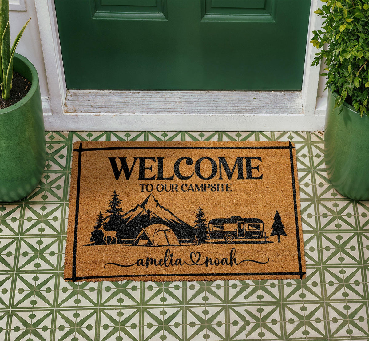 Personalized Campsite Welcome Mat, Custom Couples Names Doormat, RV Camper Outdoor Rug