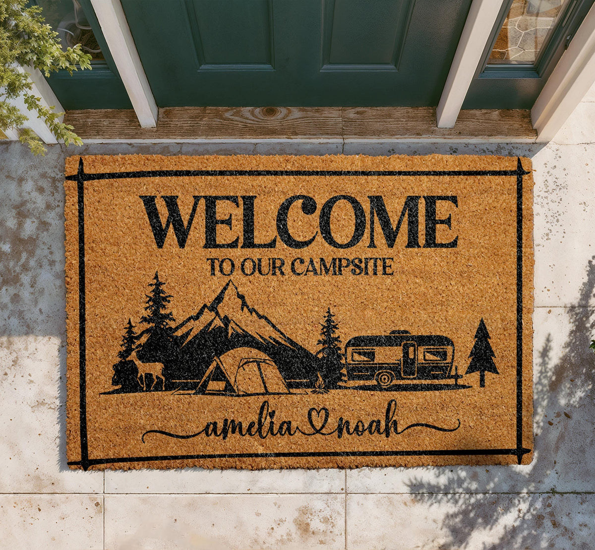 Personalized Campsite Welcome Mat, Custom Couples Names Doormat, RV Camper Outdoor Rug