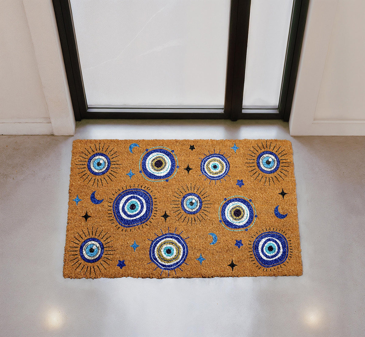 Celestial Evil Eye Doormat, Mystical Moon Stars Coir Rug, Spiritual Entryway Decor