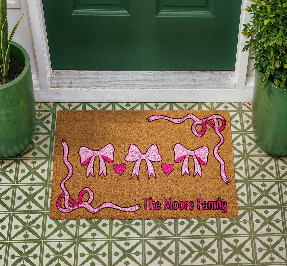 Personalized Pink Bow Family Coir Doormat