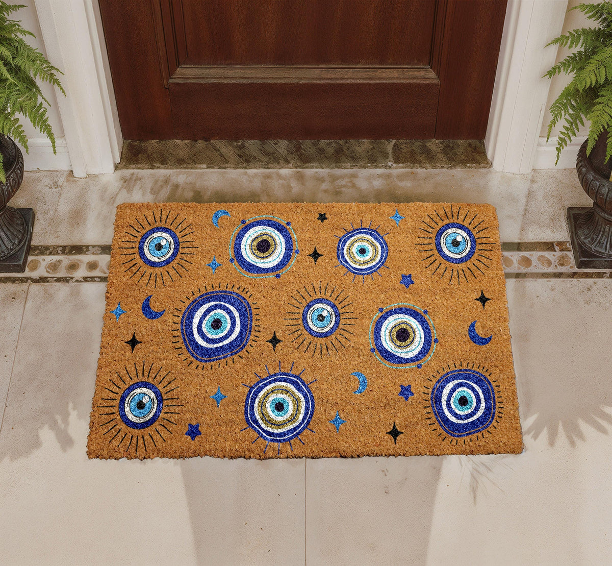 Celestial Evil Eye Doormat, Mystical Moon Stars Coir Rug, Spiritual Entryway Decor