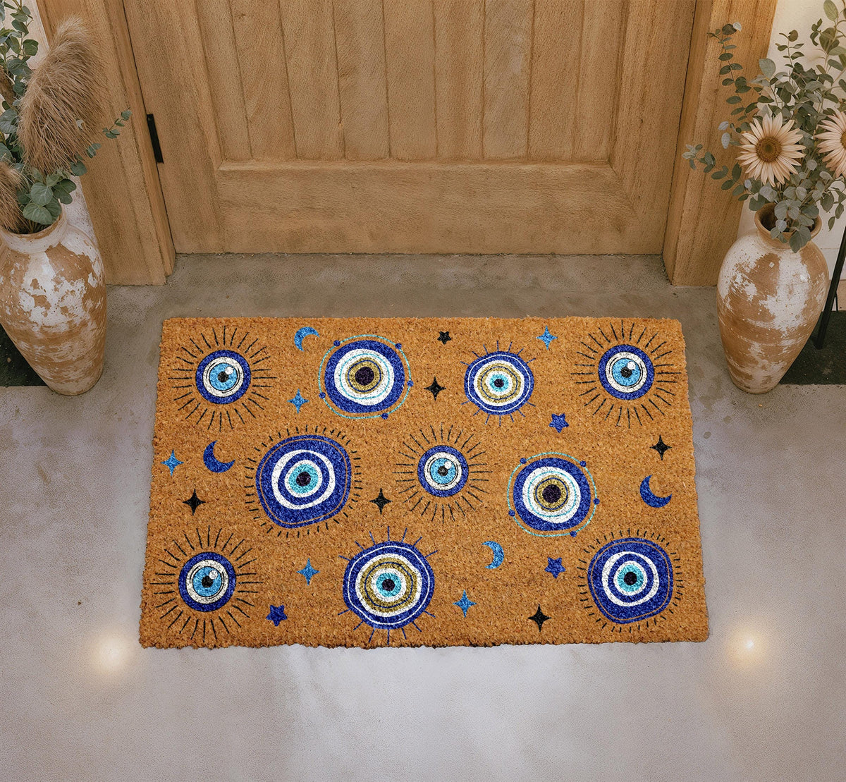 Celestial Evil Eye Doormat, Mystical Moon Stars Coir Rug, Spiritual Entryway Decor