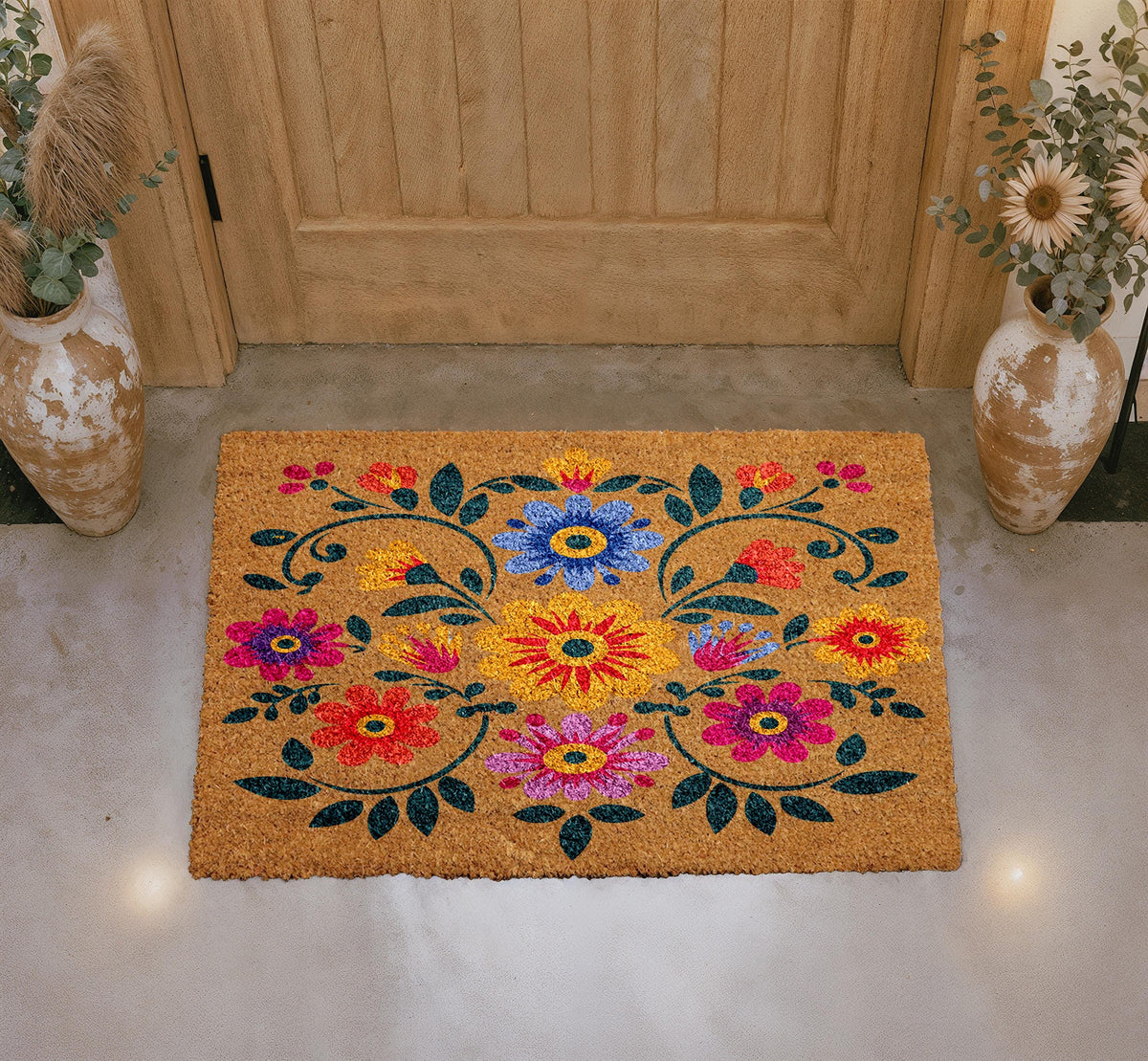 Boho Floral Doormat, Natural Coir Door Mat, Folk Art Design, Outdoor Entryway Rug