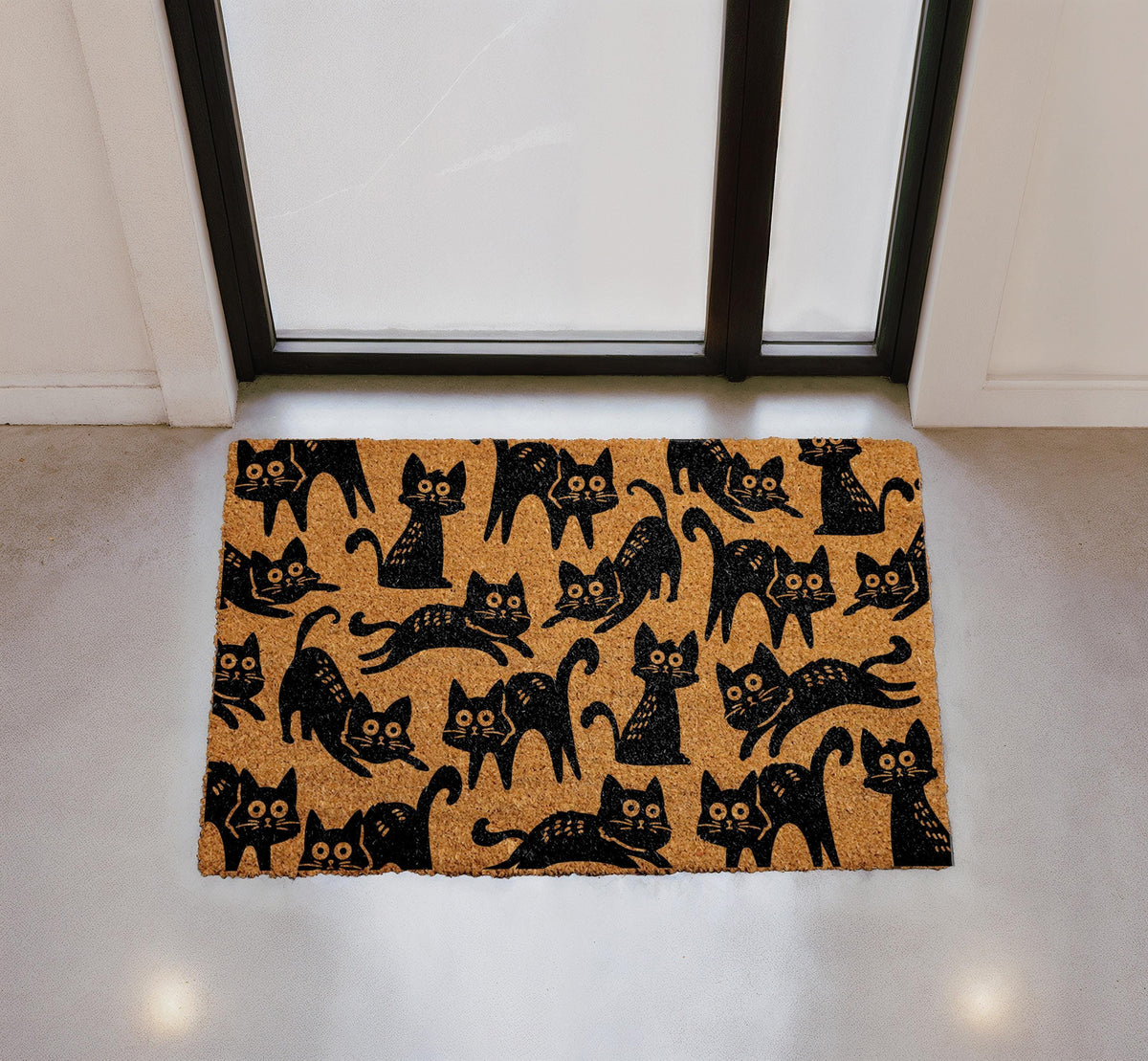 Natural Coir Cat Door Mat, Whimsical Black Welcome Rug, Outdoor Entryway