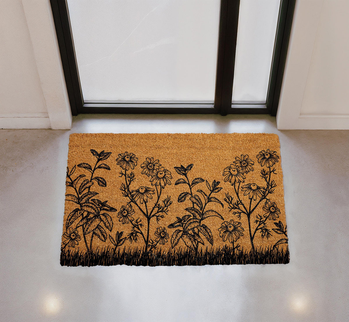 Personalized Floral Coir Doormat, Daisy Garden Welcome Mat (Custom Text)