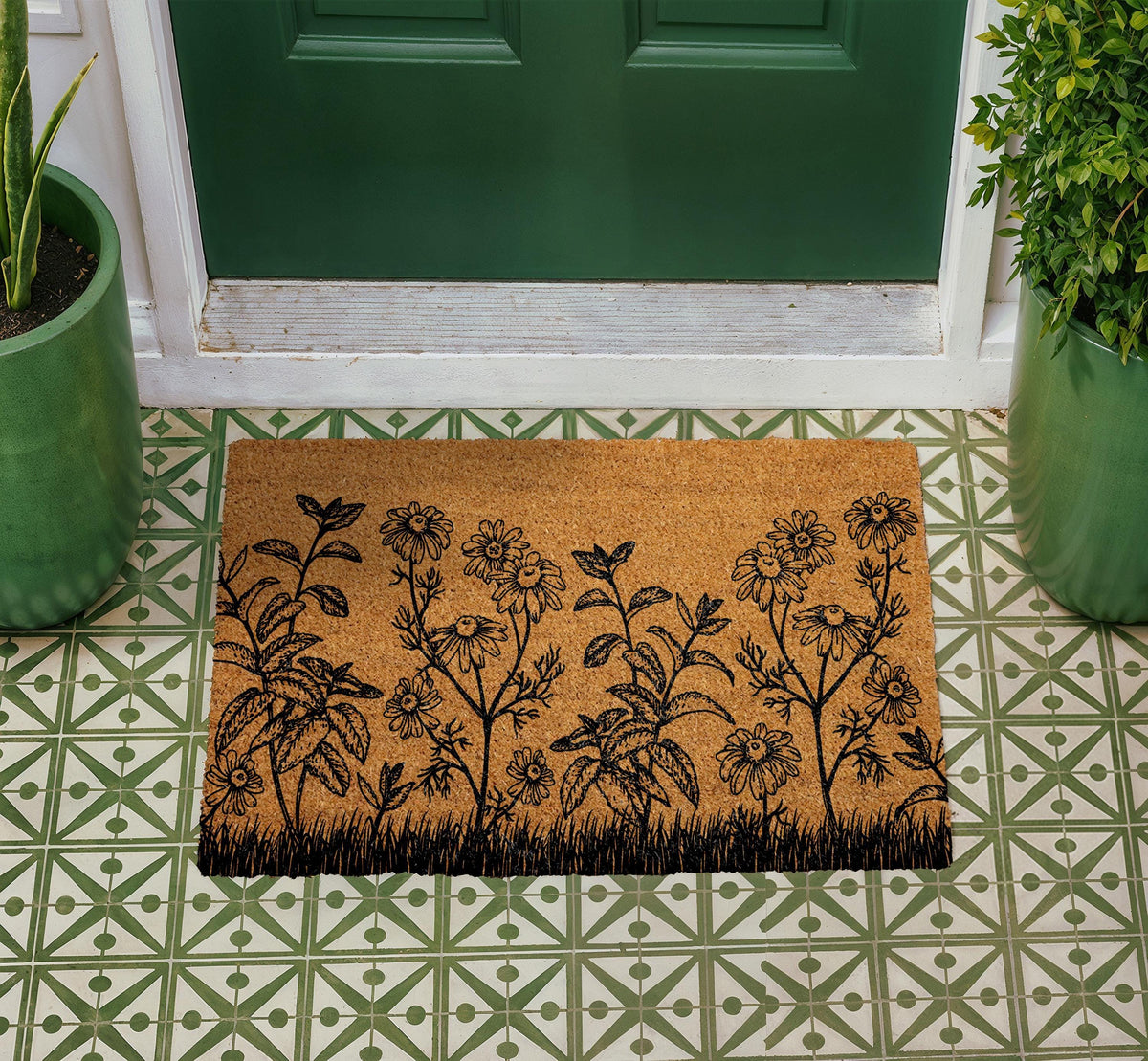Personalized Floral Coir Doormat, Daisy Garden Welcome Mat (Custom Text)