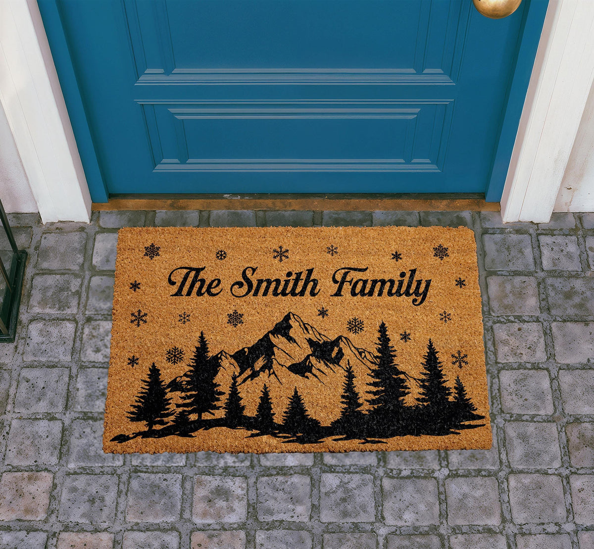 Custom Family Name Doormat, Mountain Pine Tree Welcome Mat, Rustic Cabin Entryway Decor
