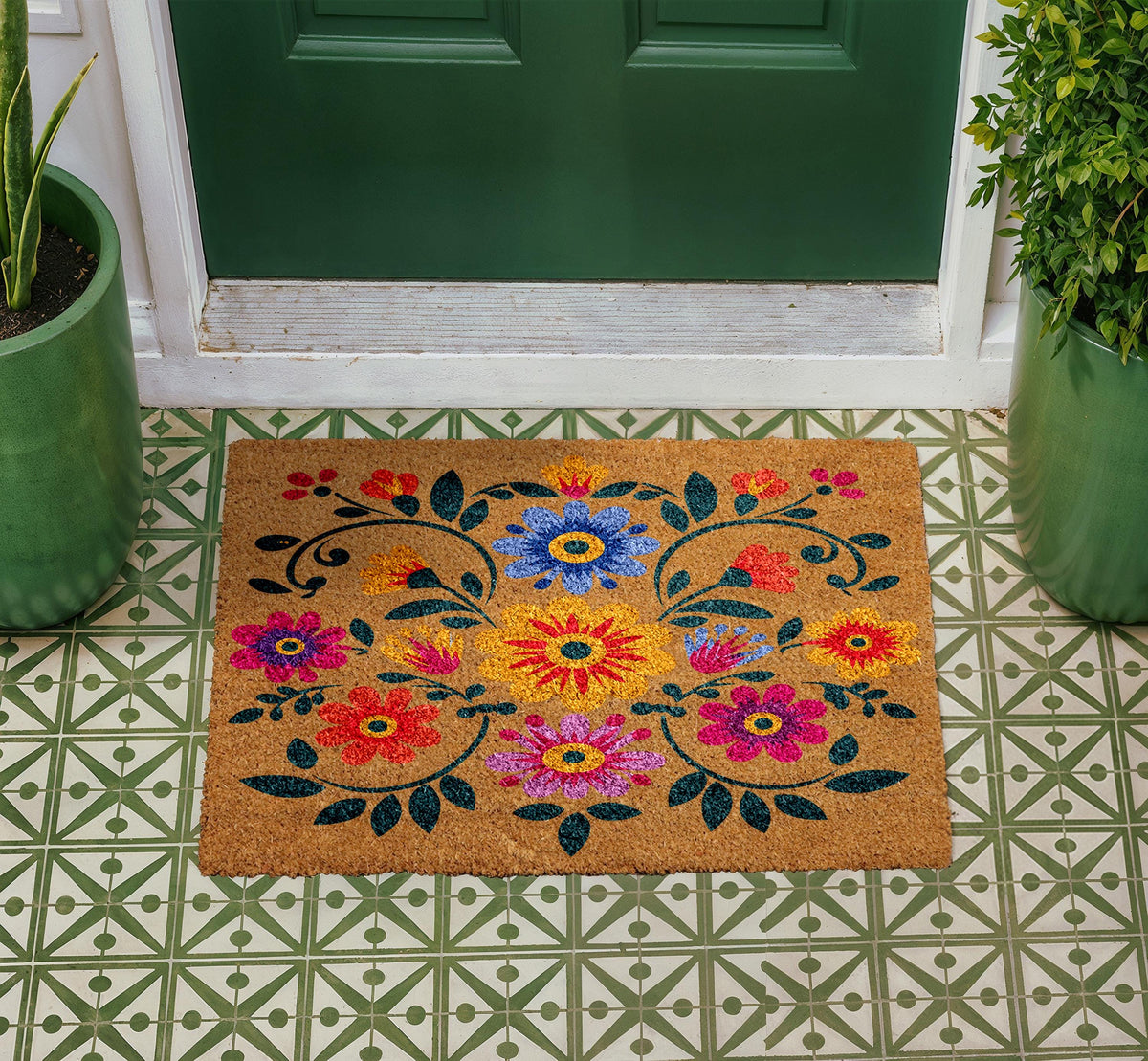 Boho Floral Doormat, Natural Coir Door Mat, Folk Art Design, Outdoor Entryway Rug