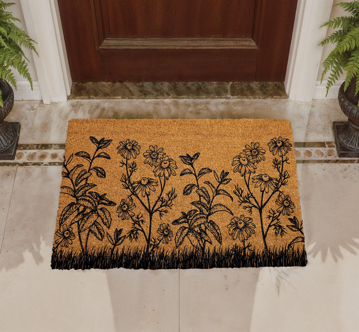Personalized Floral Coir Doormat, Daisy Garden Welcome Mat (Custom Text)