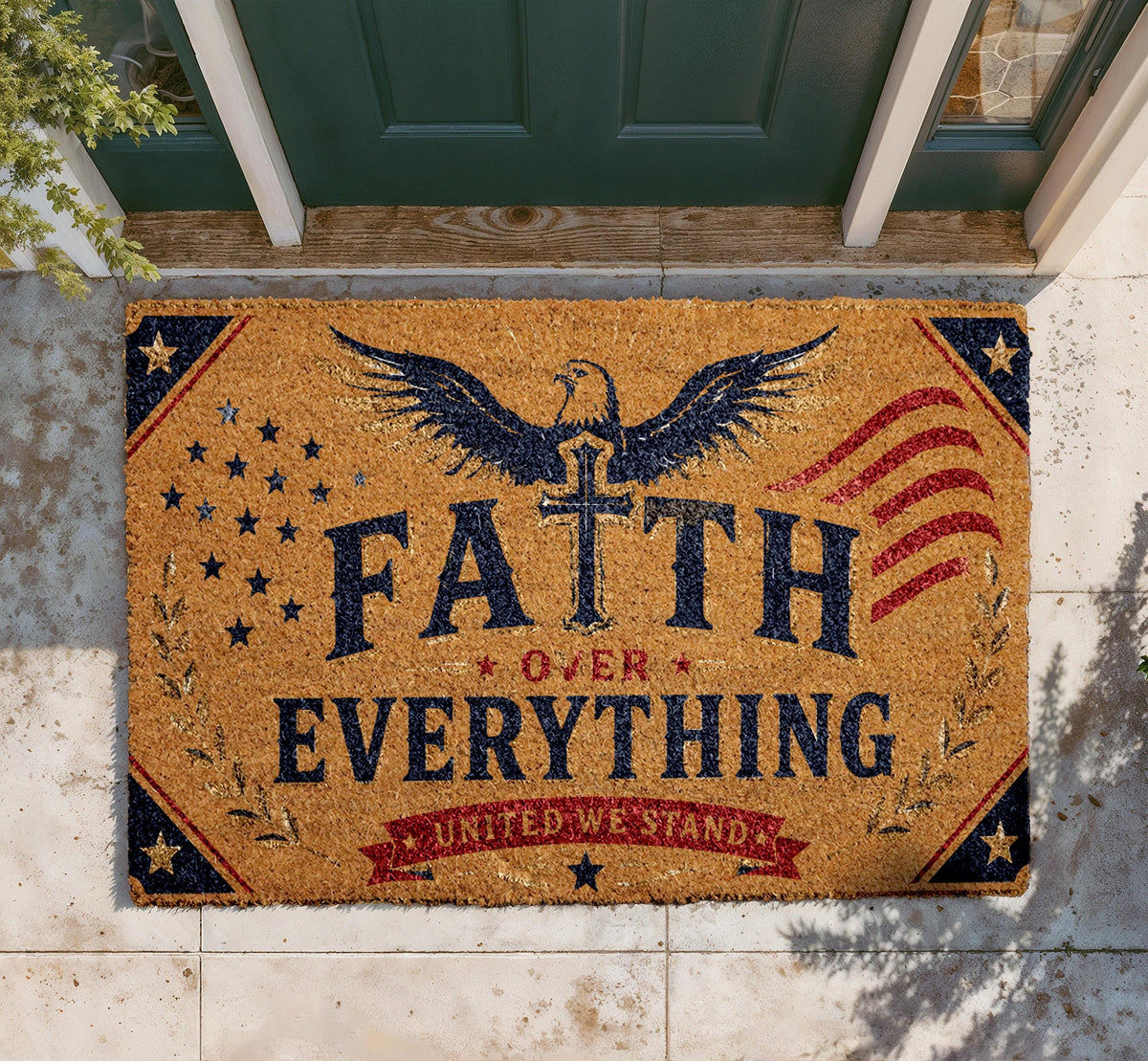 Faith Over Everything Doormat, Patriotic Cross Flag Welcome Mat (Coir)