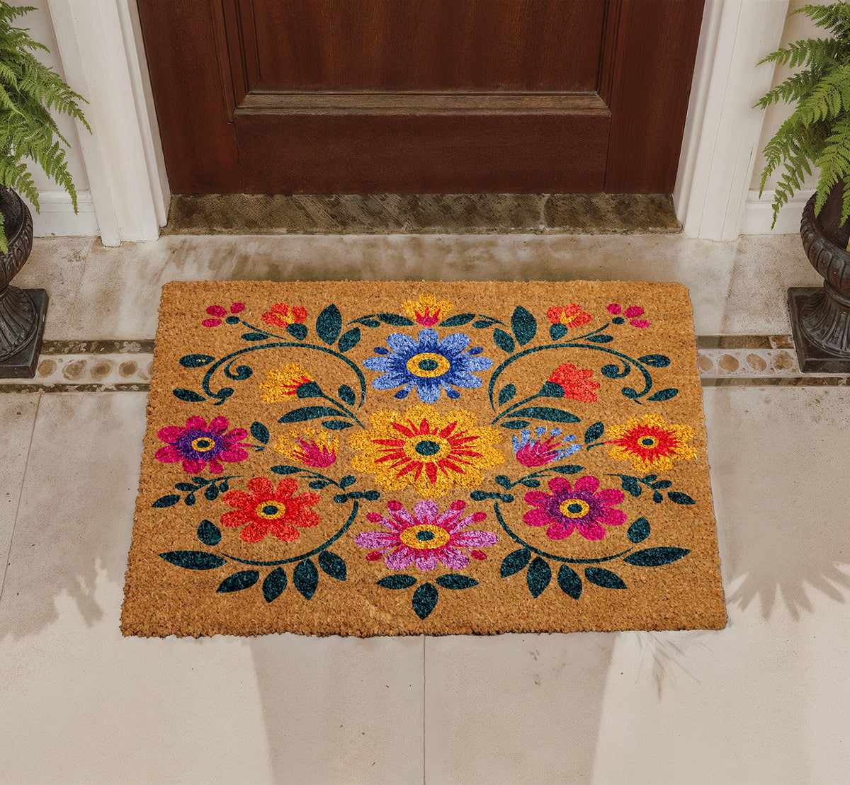 Boho Floral Doormat, Natural Coir Door Mat, Folk Art Design, Outdoor Entryway Rug