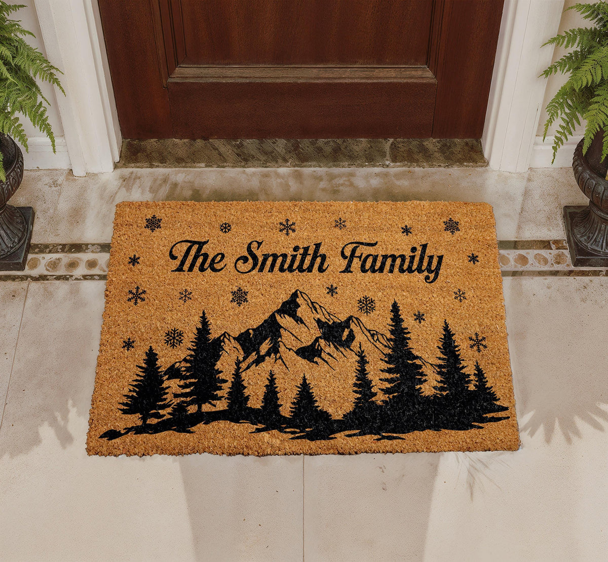 Custom Family Name Doormat, Mountain Pine Tree Welcome Mat, Rustic Cabin Entryway Decor