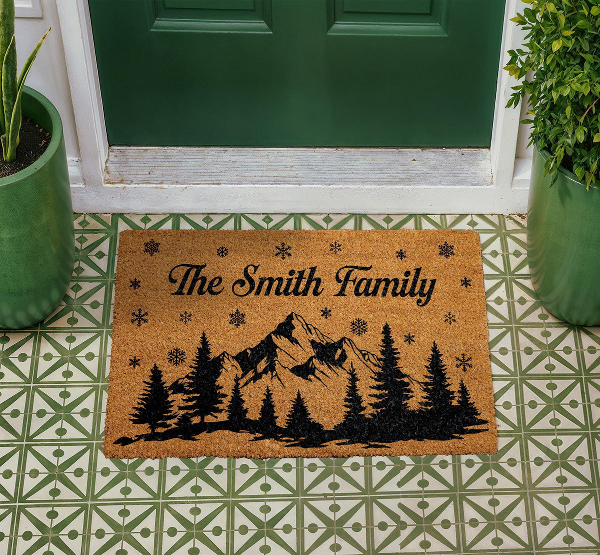 Custom Family Name Doormat, Mountain Pine Tree Welcome Mat, Rustic Cabin Entryway Decor