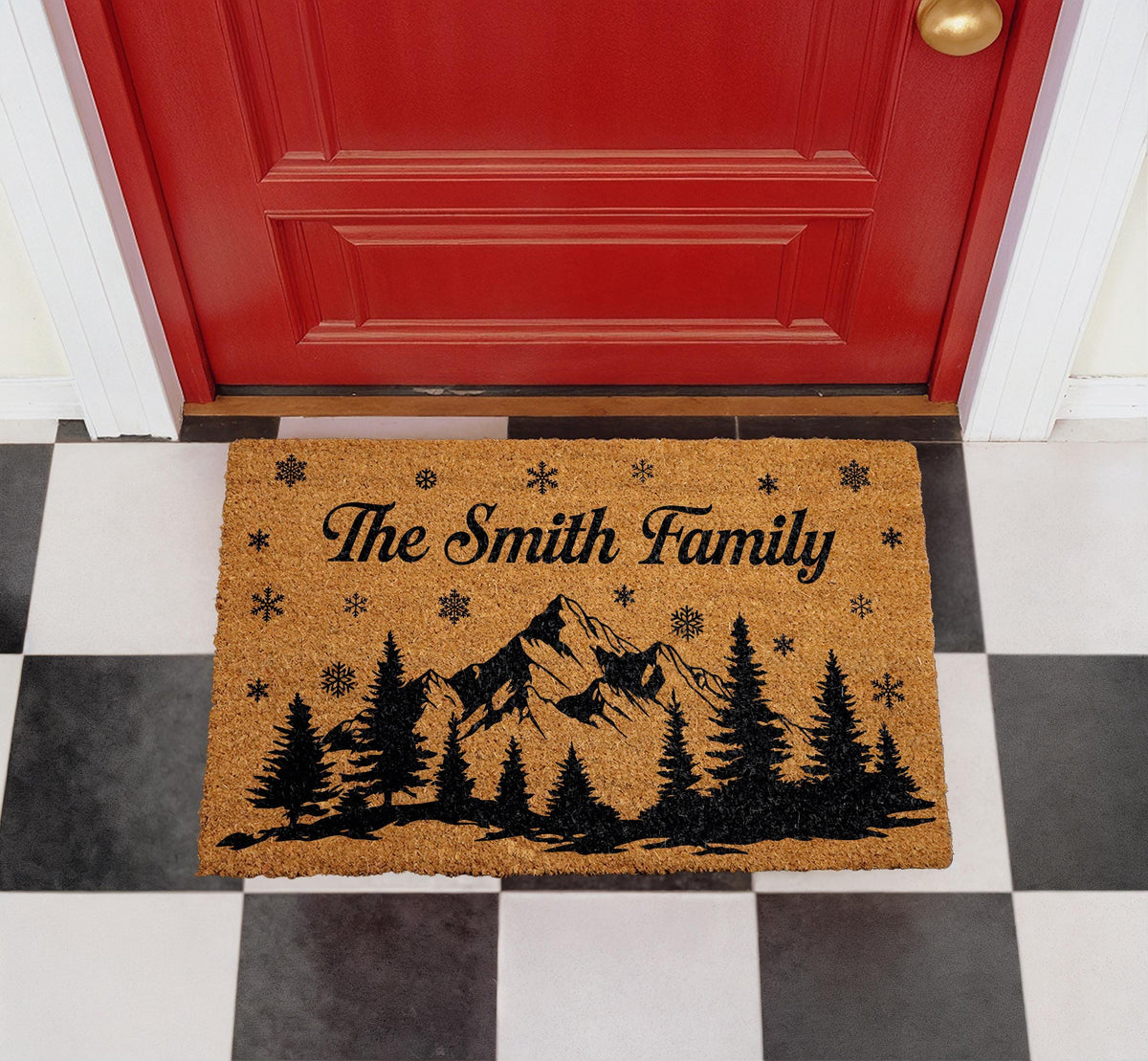 Custom Family Name Doormat, Mountain Pine Tree Welcome Mat, Rustic Cabin Entryway Decor