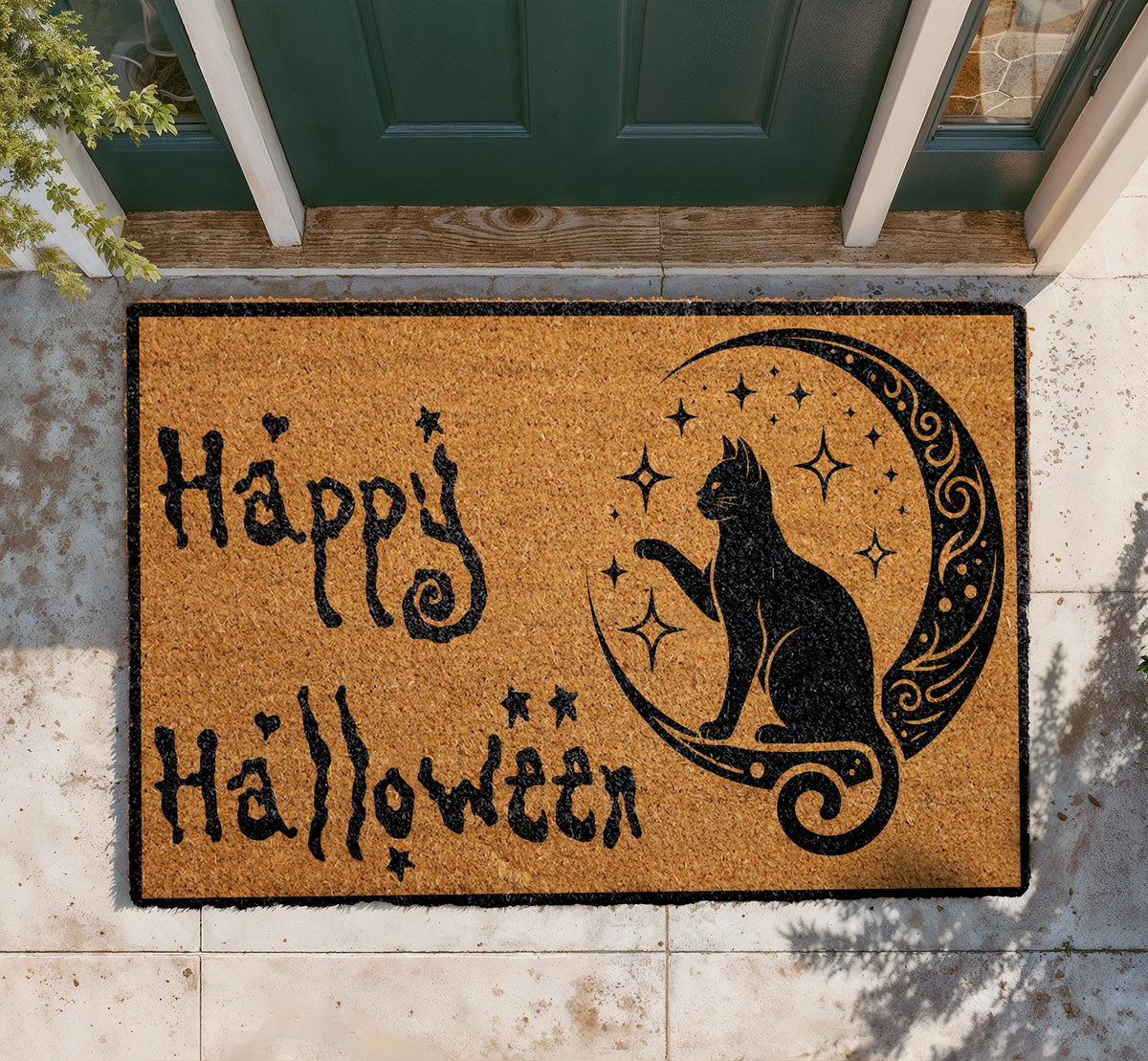 Happy Halloween Doormat, Black Cat on Crescent Moon, Coir Welcome Mat (Personalized)