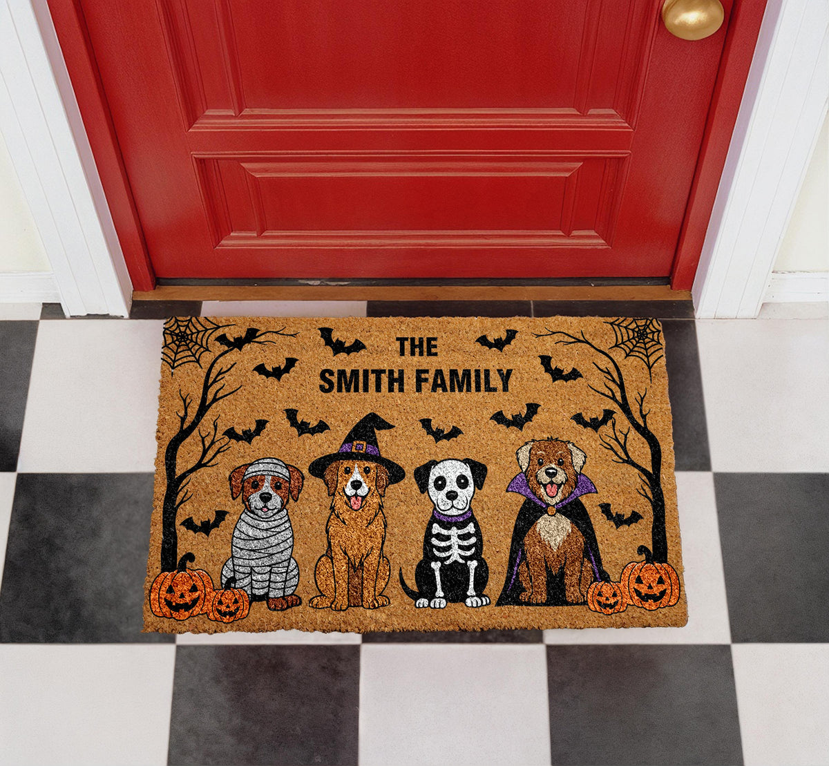 Personalized Halloween Doormat, Custom Family Name Welcome Mat, Funny Dogs Porch Rug