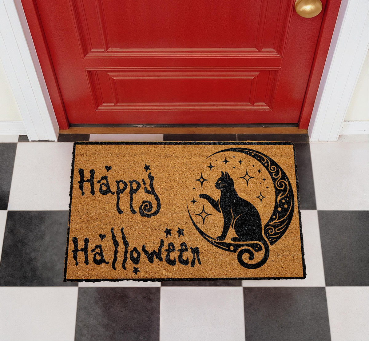 Happy Halloween Doormat, Black Cat on Crescent Moon, Coir Welcome Mat (Personalized)