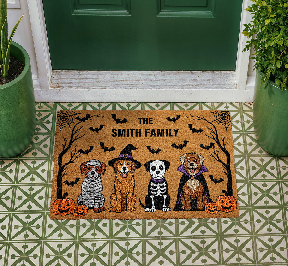 Personalized Halloween Doormat, Custom Family Name Welcome Mat, Funny Dogs Porch Rug