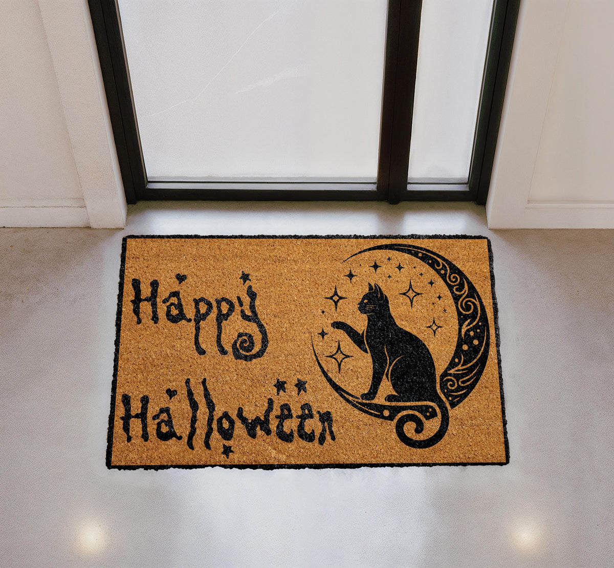 Happy Halloween Doormat, Black Cat on Crescent Moon, Coir Welcome Mat (Personalized)