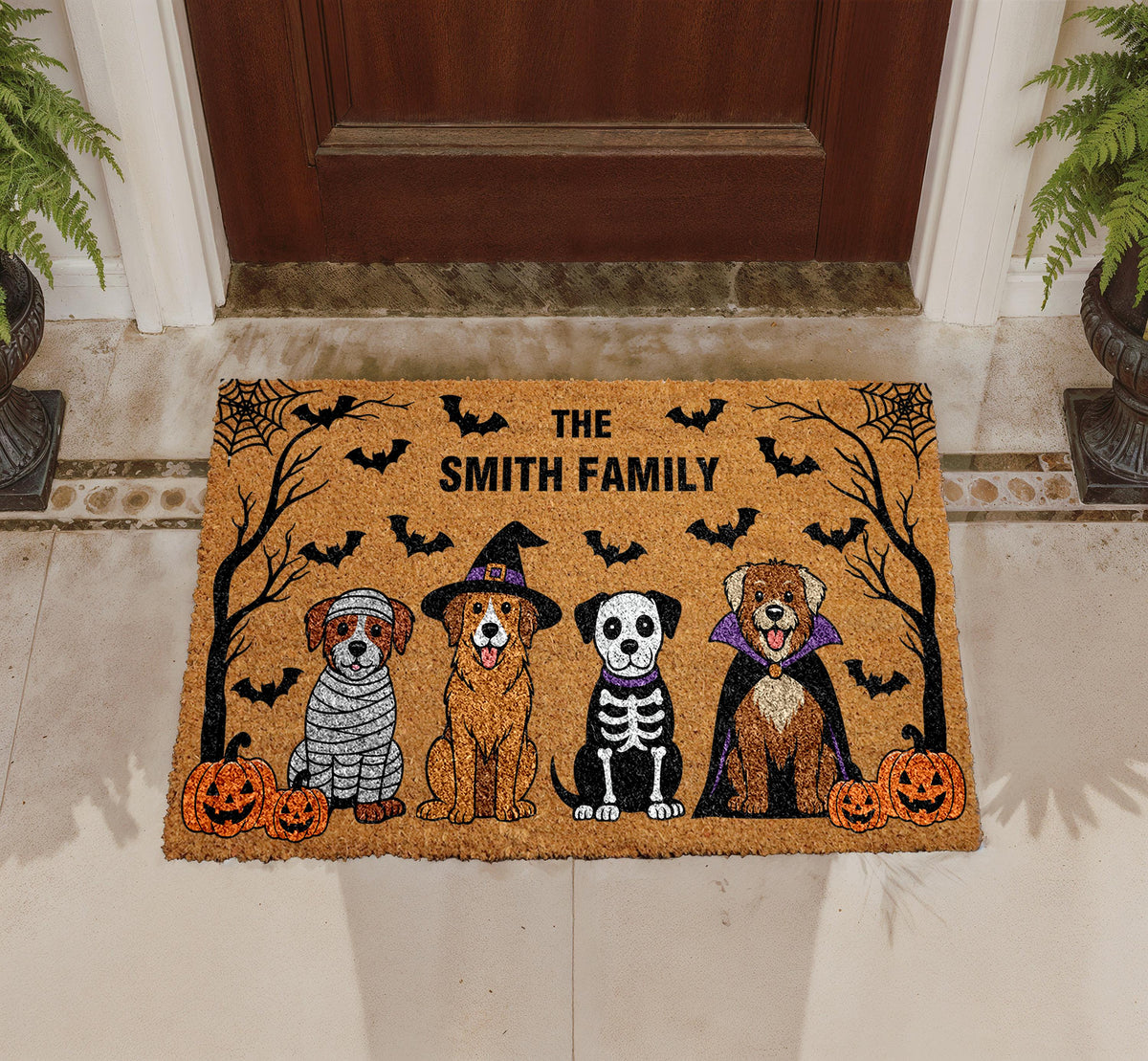 Personalized Halloween Doormat, Custom Family Name Welcome Mat, Funny Dogs Porch Rug