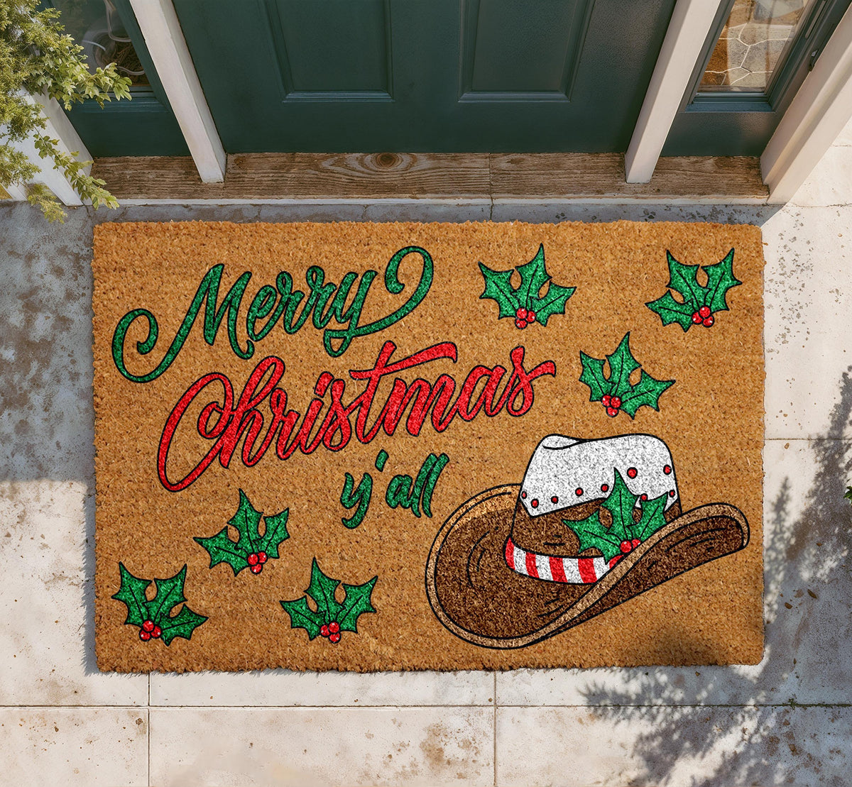 Merry Christmas Y'all Door Mat, Western Cowboy Hat Holiday Welcome Mat