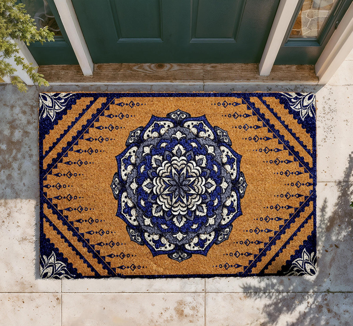 Boho Mandala Coir Doormat, Custom Welcome Mat, Natural Fiber Outdoor Mat (Personalized)