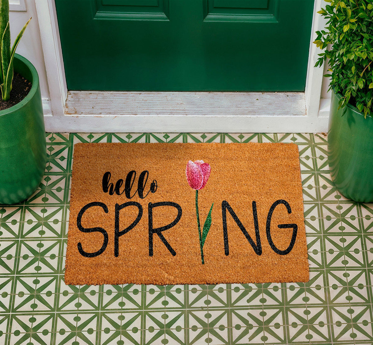 Personalized Coir Doormat, Hello Spring Tulip Design, Outdoor Welcome Mat (18"x30")