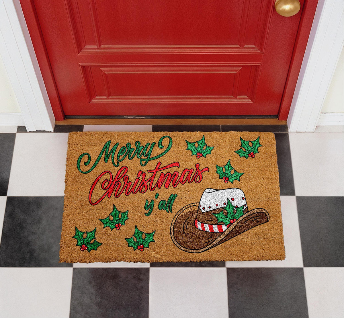 Merry Christmas Y'all Door Mat, Western Cowboy Hat Holiday Welcome Mat