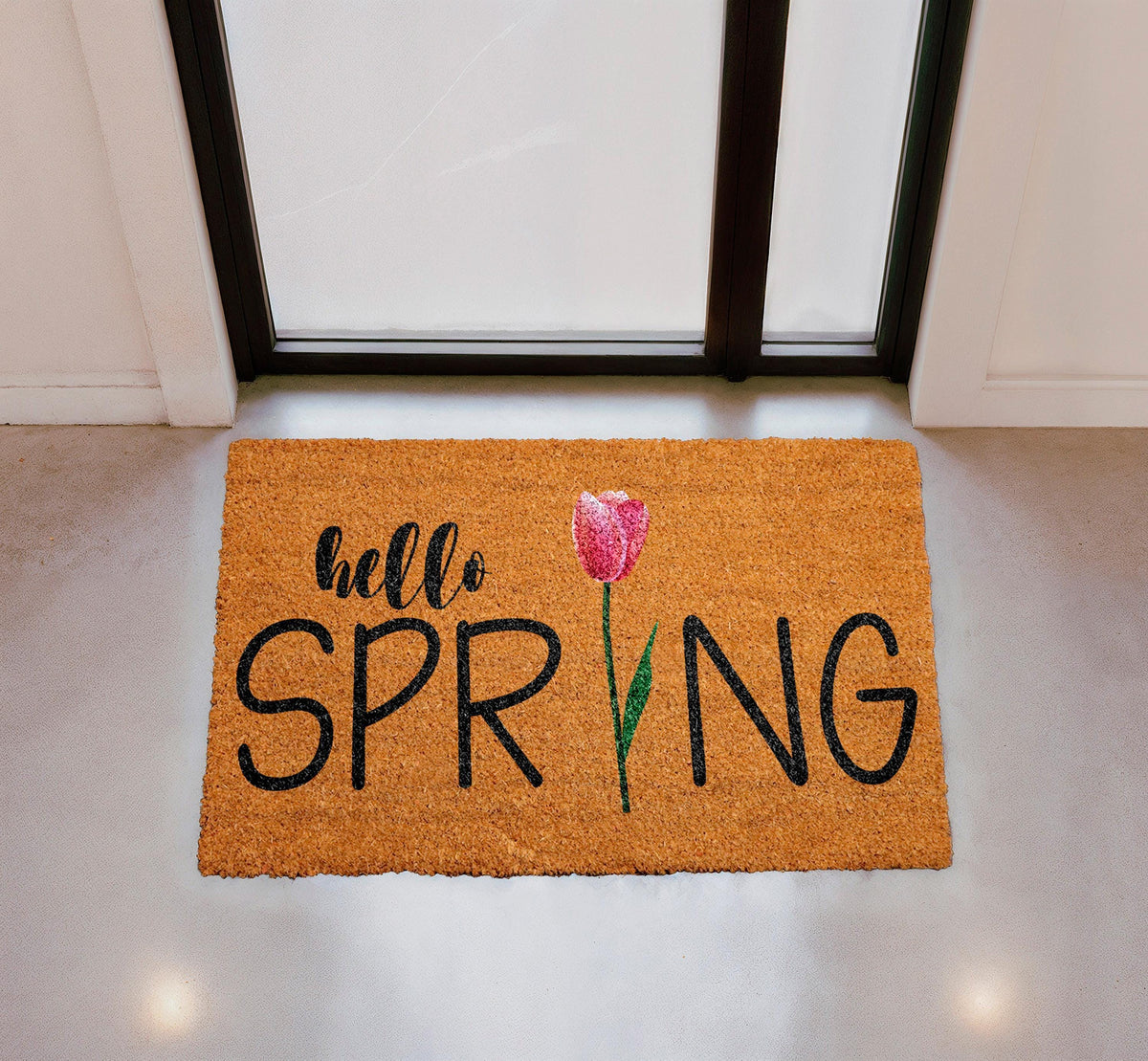 Personalized Coir Doormat, Hello Spring Tulip Design, Outdoor Welcome Mat (18"x30")