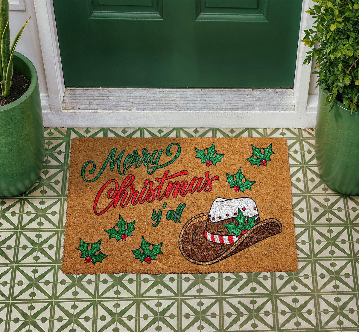 Merry Christmas Y'all Door Mat, Western Cowboy Hat Holiday Welcome Mat