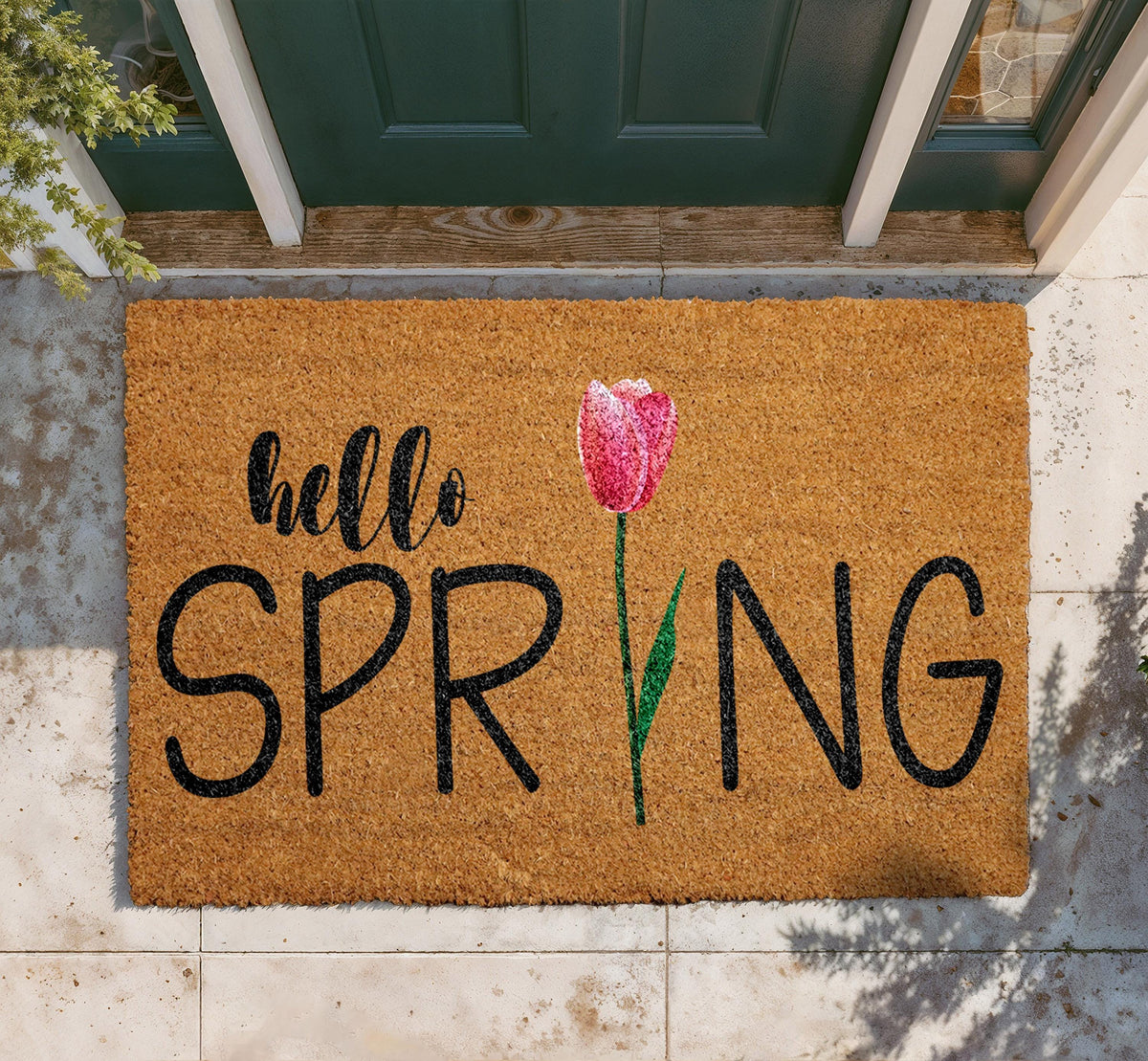 Personalized Coir Doormat, Hello Spring Tulip Design, Outdoor Welcome Mat (18"x30")