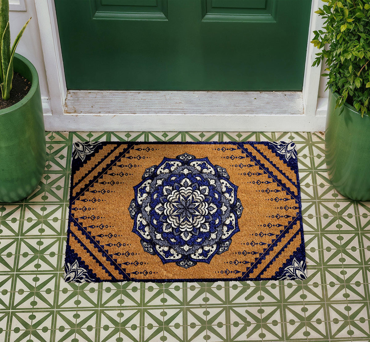 Boho Mandala Coir Doormat, Custom Welcome Mat, Natural Fiber Outdoor Mat (Personalized)