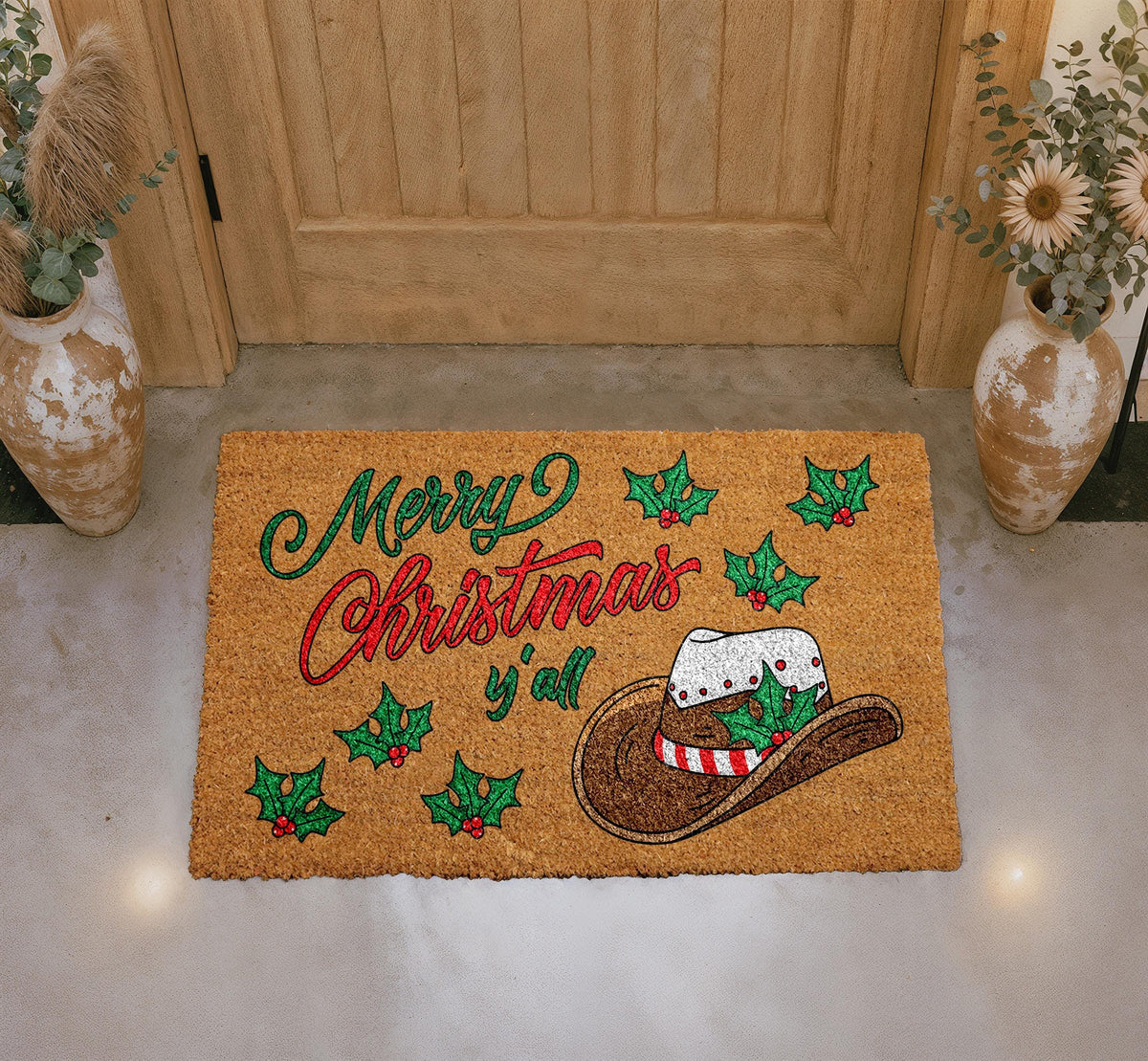 Merry Christmas Y'all Door Mat, Western Cowboy Hat Holiday Welcome Mat
