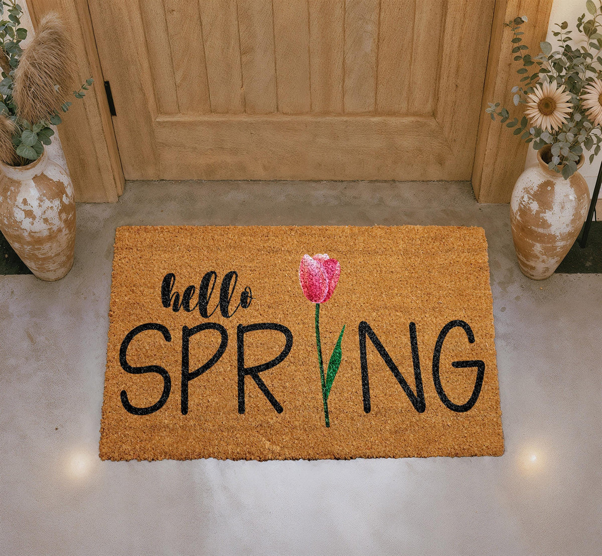 Personalized Coir Doormat, Hello Spring Tulip Design, Outdoor Welcome Mat (18"x30")