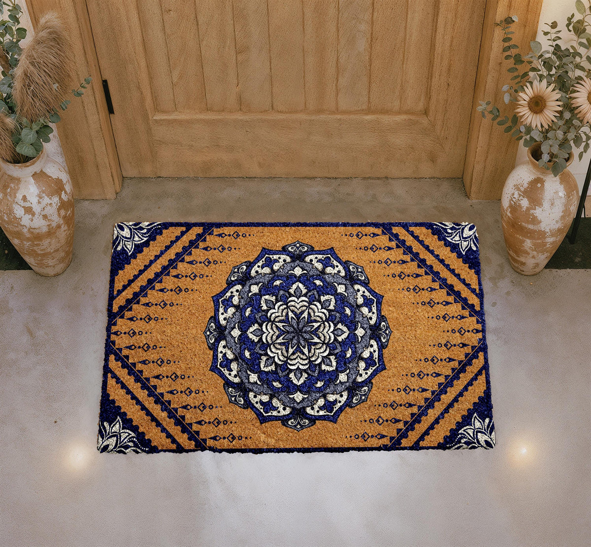 Boho Mandala Coir Doormat, Custom Welcome Mat, Natural Fiber Outdoor Mat (Personalized)