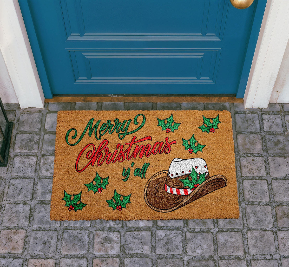 Merry Christmas Y'all Door Mat, Western Cowboy Hat Holiday Welcome Mat
